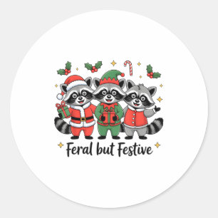 Feral But Festive Funny Christmas Cute Raccoon Elf Classic Round Sticker
