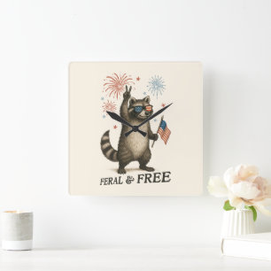Feral But Free Fireworks Feral Racoon 4th Of July Square Wall Clock