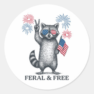 Feral But Free Funny Racoon Patriotic 4th Of July Classic Round Sticker