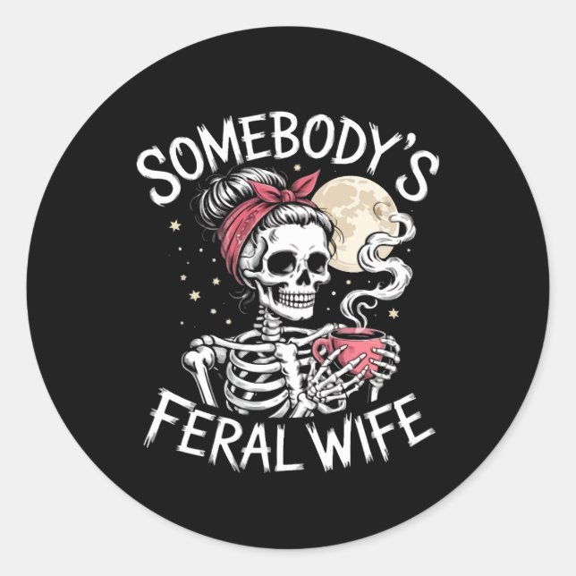 Feral Funny Coffee Lovers Drinking Skull Joke Classic Round Sticker (Front)