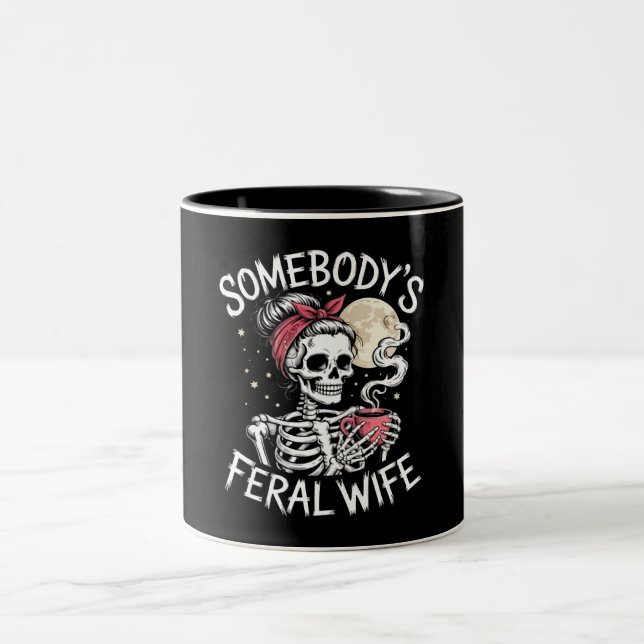 Feral Funny Coffee Lovers Drinking Skull Joke Two-Tone Coffee Mug (Center)