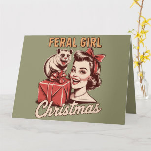 Feral Girl Christmas Opossum Xmas Trashy Retro Card