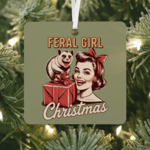 Feral Girl Christmas Opossum Xmas Trashy Retro Metal Tree Decoration