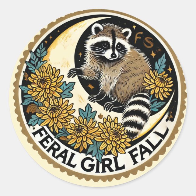 Feral Girl Fall Racoon                            Classic Round Sticker (Front)