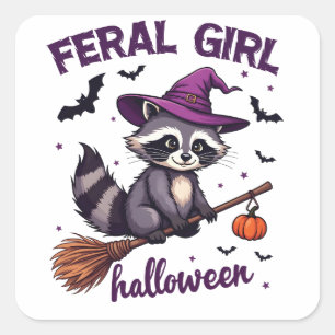 Feral Girl Halloween Spooky Racoon Witch Gift Square Sticker