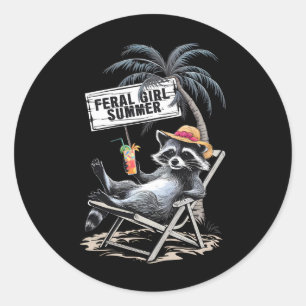 Feral Girl Summer Beach Funny Racoon Classic Round Sticker