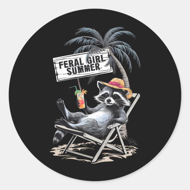 Feral Girl Summer Beach Funny Racoon Classic Round Sticker (Front)