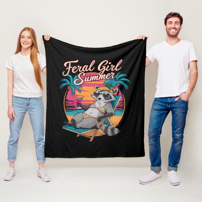 Feral Girl Summer Beach Funny Racoon Fleece Blanket (In Situ)