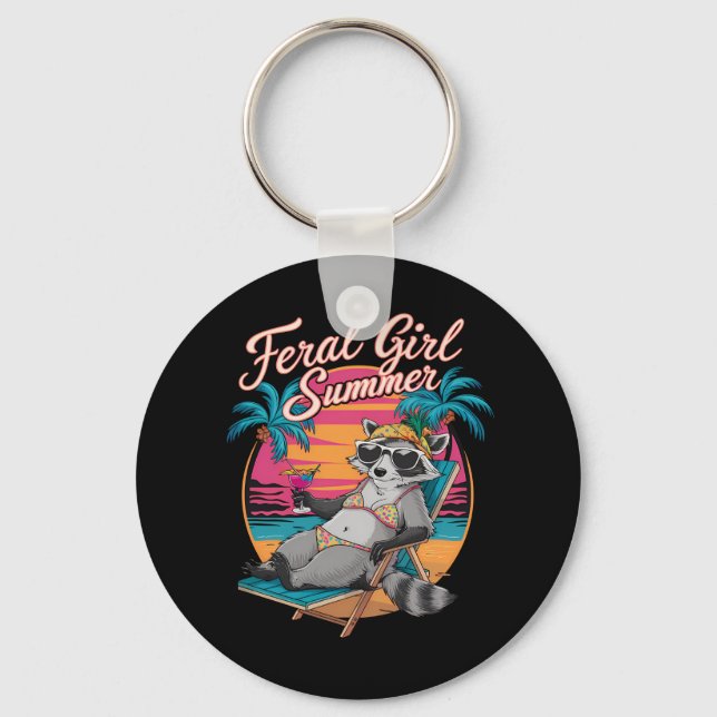 Feral Girl Summer Beach Funny Racoon Key Ring (Front)