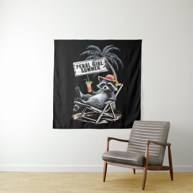 Feral Girl Summer Beach Funny Racoon Tapestry (In Situ)