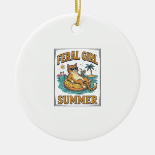 Feral Girl Summer Cat Float Vintage Shirt Design_1 Ceramic Tree Decoration