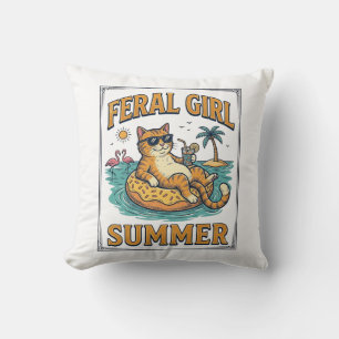Feral Girl Summer Cat Float Vintage Shirt Design_1 Cushion