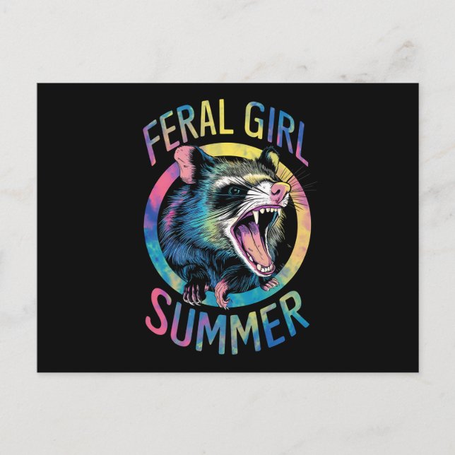 Feral Girl Summer Opossum Tie Dye Racoon Postcard (Front)