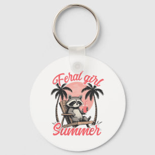 Feral Girl Summer Vacation Beach Raccoon Meme Tras Key Ring