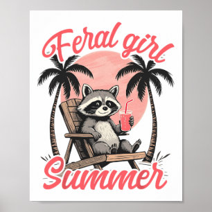 Feral Girl Summer Vacation Beach Raccoon Meme Tras Poster