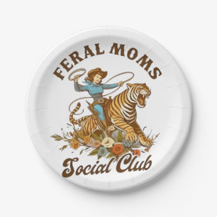 Feral Mum Social Club Funny Retro Boho Cowgirl Paper Plate
