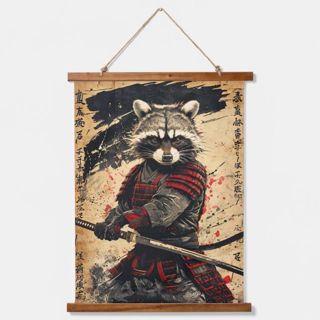 Feral Racoon Samurai Warrior - Japanese Ink Style Hanging Tapestry (Front)