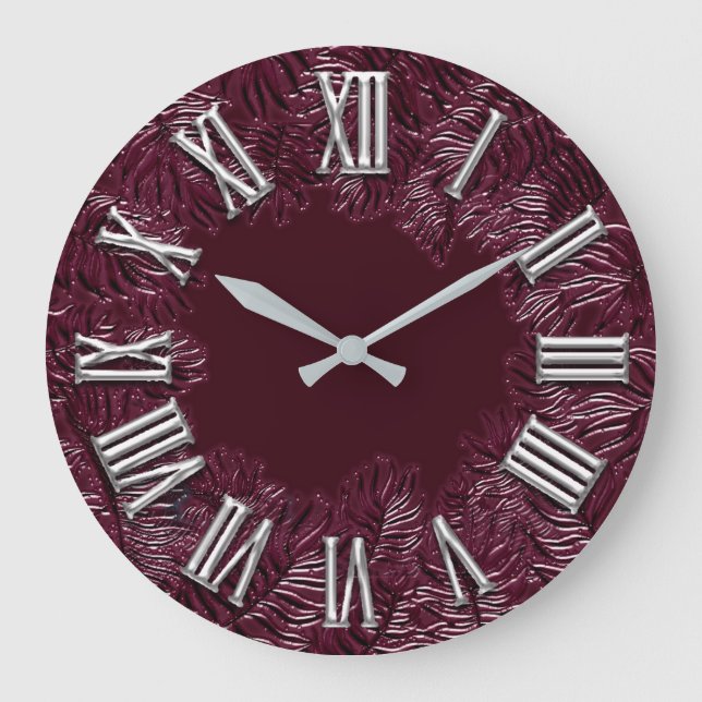 Fern Beetroot Grey Metal Grey Woodlan Roman Number Large Clock (Front)
