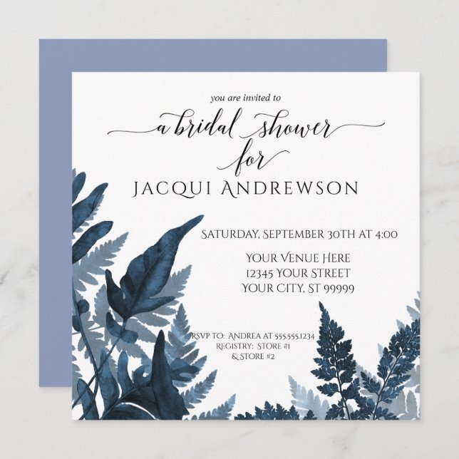 Fern Botanical Bridal Shower Cornflower Sky Blue Invitation (Front/Back)