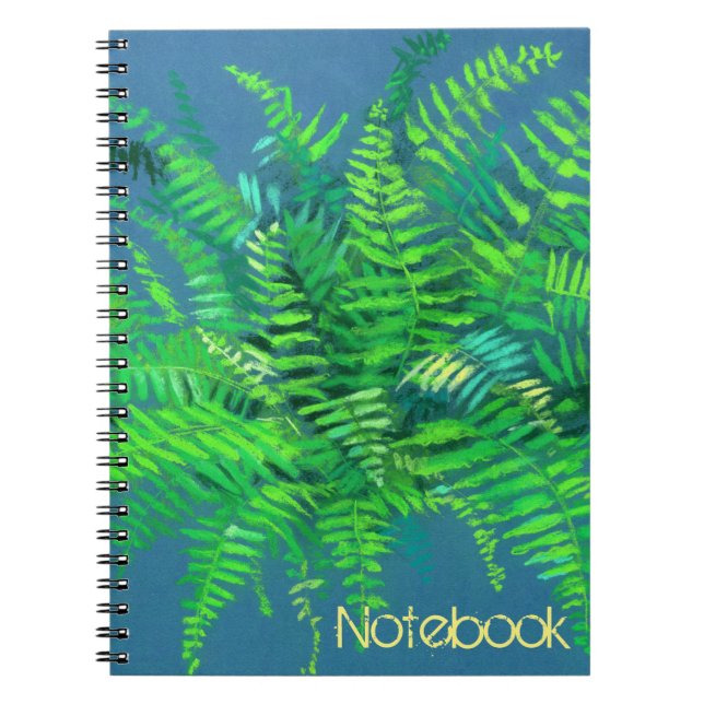 Fern, floral, customisable, greenery, blue & green notebook (Front)