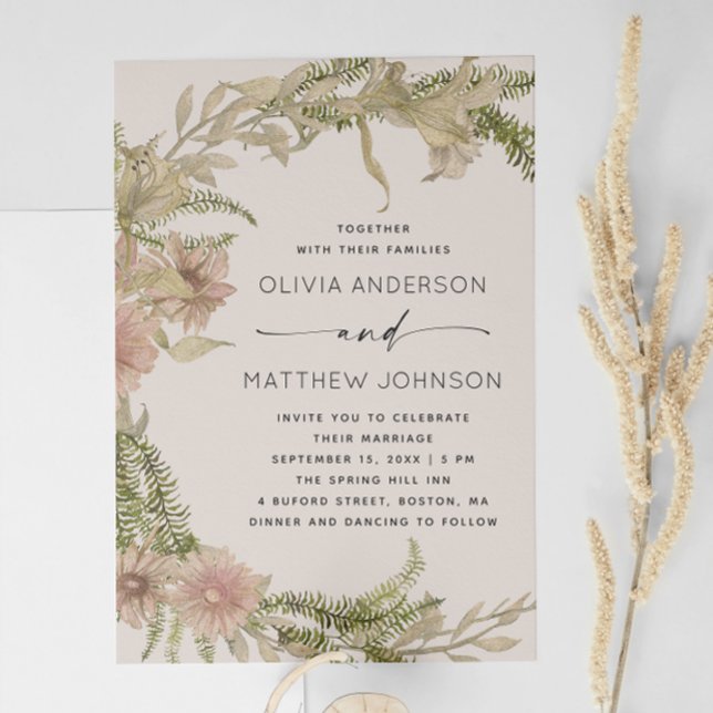 Fern & Floral Wedding | Boho Soft Warm Taupe + QR Invitation (Creator Uploaded)