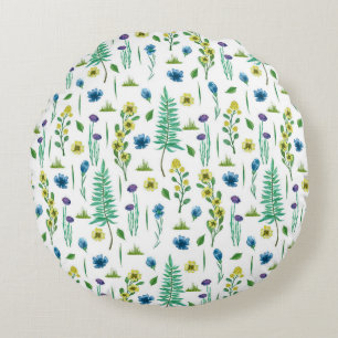 Fern Flowers Seamless Nature Pattern Round Cushion