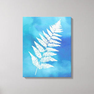 Fern Frond, White on Blue Watercolor Background Canvas Print
