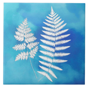 Fern Frond, White on Blue Watercolor Background Tile