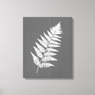 Fern Frond, White on Charcoal Grey / Grey Canvas Print