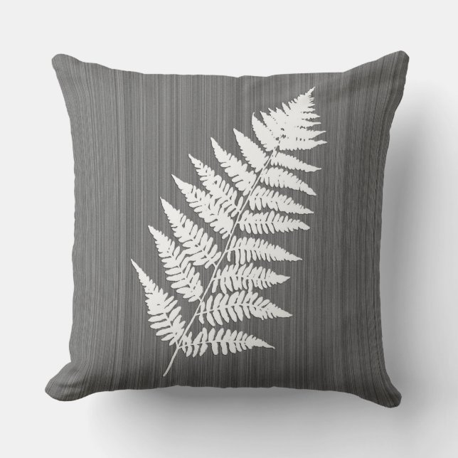 Fern Frond, White on Charcoal Grey / Grey Cushion (Front)