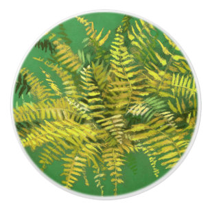 Fern, fronds, floral, green golden yellow greenery ceramic knob