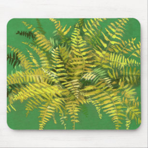 Fern, fronds, floral, green golden yellow greenery mouse pad