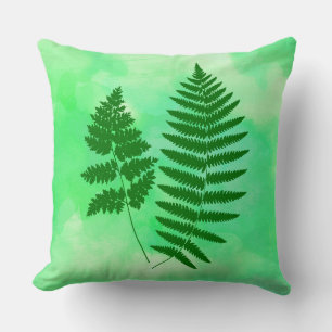 Fern Fronds, Green on a Watercolor Background Cushion