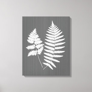 Fern Fronds, White on Charcoal Grey / Grey Canvas Print