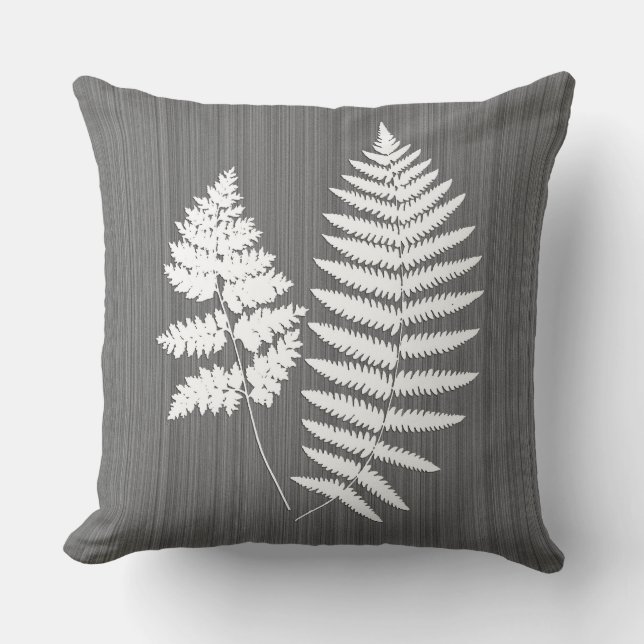 Fern Fronds, White on Charcoal Grey / Grey Cushion (Front)