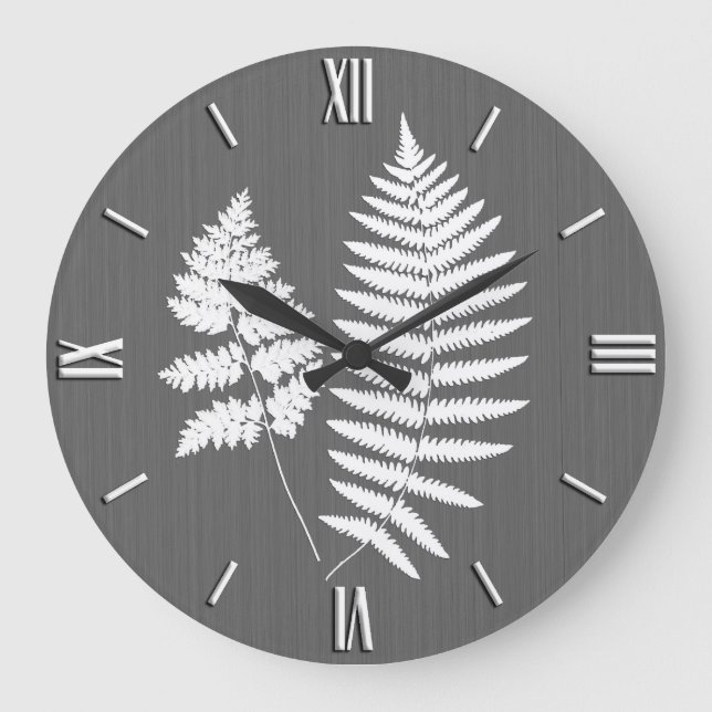 Fern Fronds, White on Charcoal Grey / Grey Large Clock (Front)