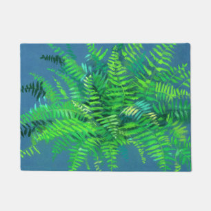 Fern Green Leaves Fronds Floral Art Painting Blue Doormat