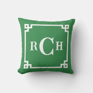 Fern Green Reverse Chinoiserie Greek Key Monogram Cushion