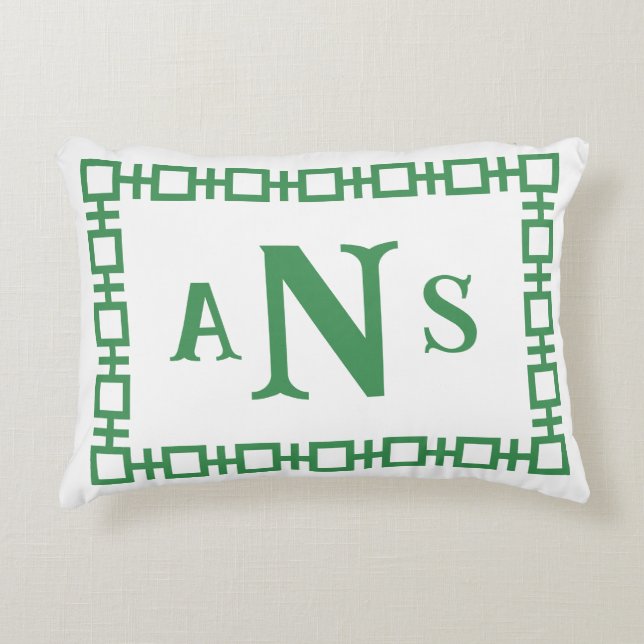 Fern Green Square Greek Key Monogram Decorative Cushion (Front)