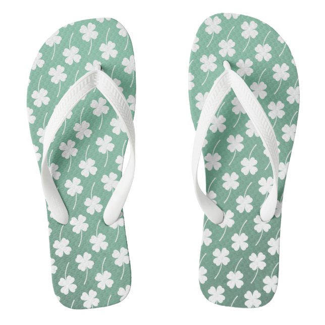 Fern Green White Shamrock Fun Pattern Cute Lucky Jandals (Footbed)