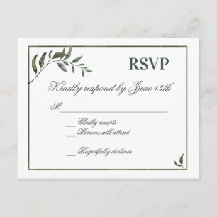 Fern Green Willow Branch Elegant Wedding RSVP Card