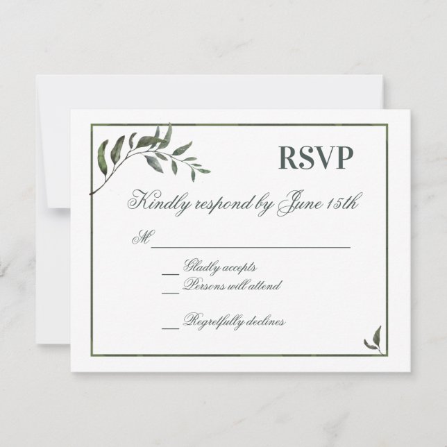 Fern Green Willow Branch Elegant Wedding RSVP Card (Front)