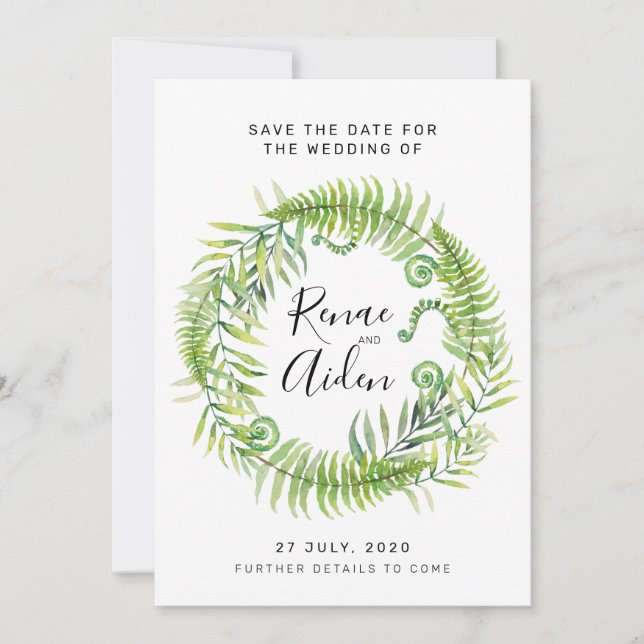 Fern Greenery Wedding Save the date, Tropical Date (Front)