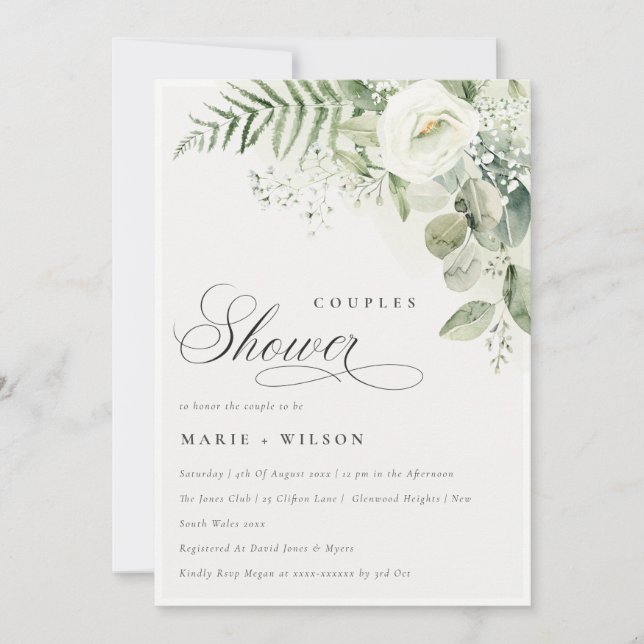 Fern Greenery White Floral Couples Shower Invite (Front)