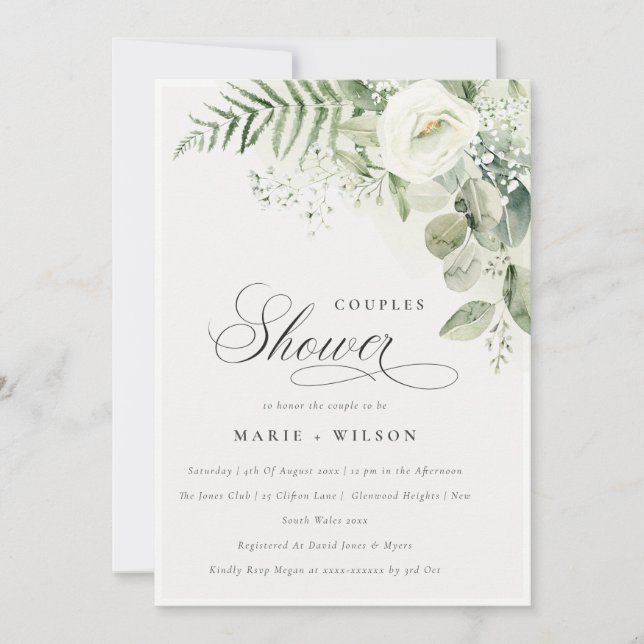Fern Greenery White Floral Couples Shower Invite (Front)