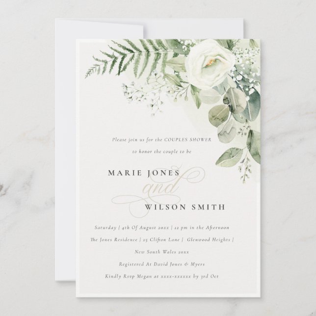 Fern Greenery White Floral Couples Shower Invite (Front)