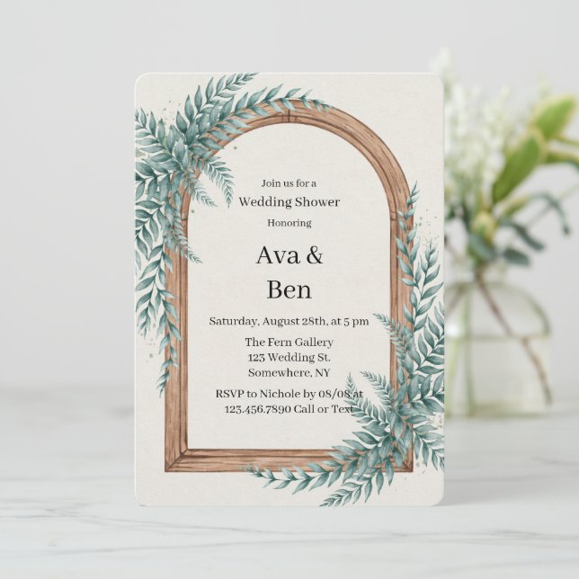 Fern Greenery Wooden Arch Wedding Shower Invitation (Standing Front)