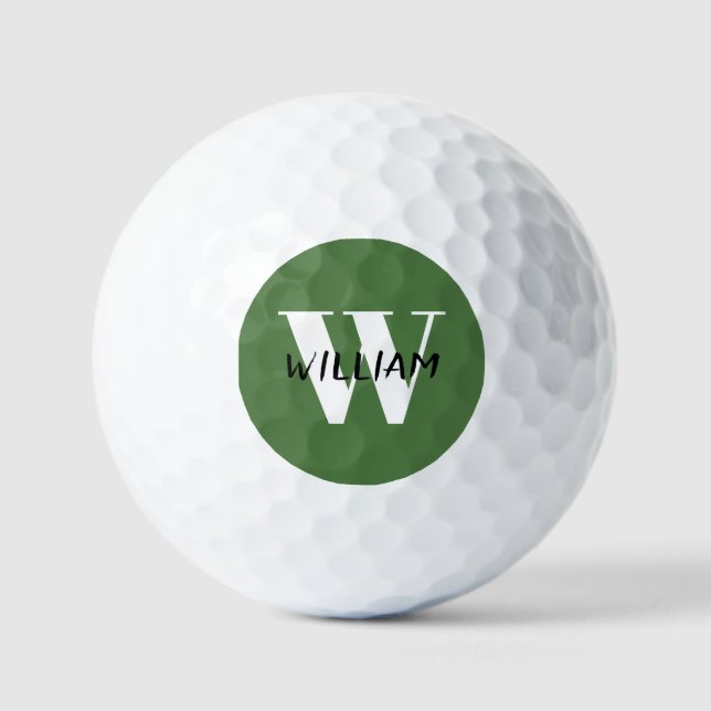 Fern Leaf | Elegant Black Name and White Initial  Golf Balls (Front)