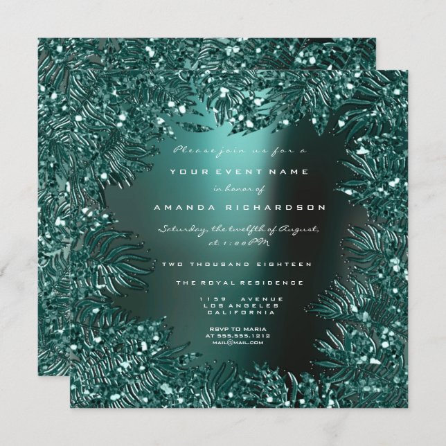 Fern Leafs Framed Crystals Teal Aquatic Luxury Invitation (Front/Back)