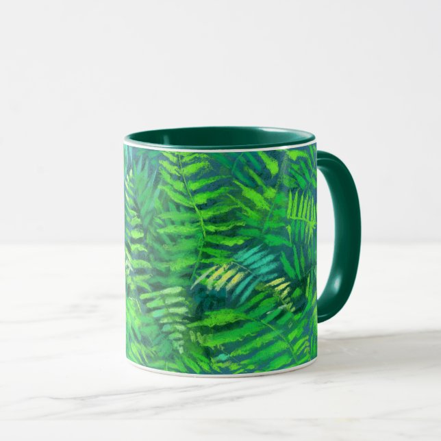 Fern leaves, floral design, greenery, blue & green mug (Front Right)